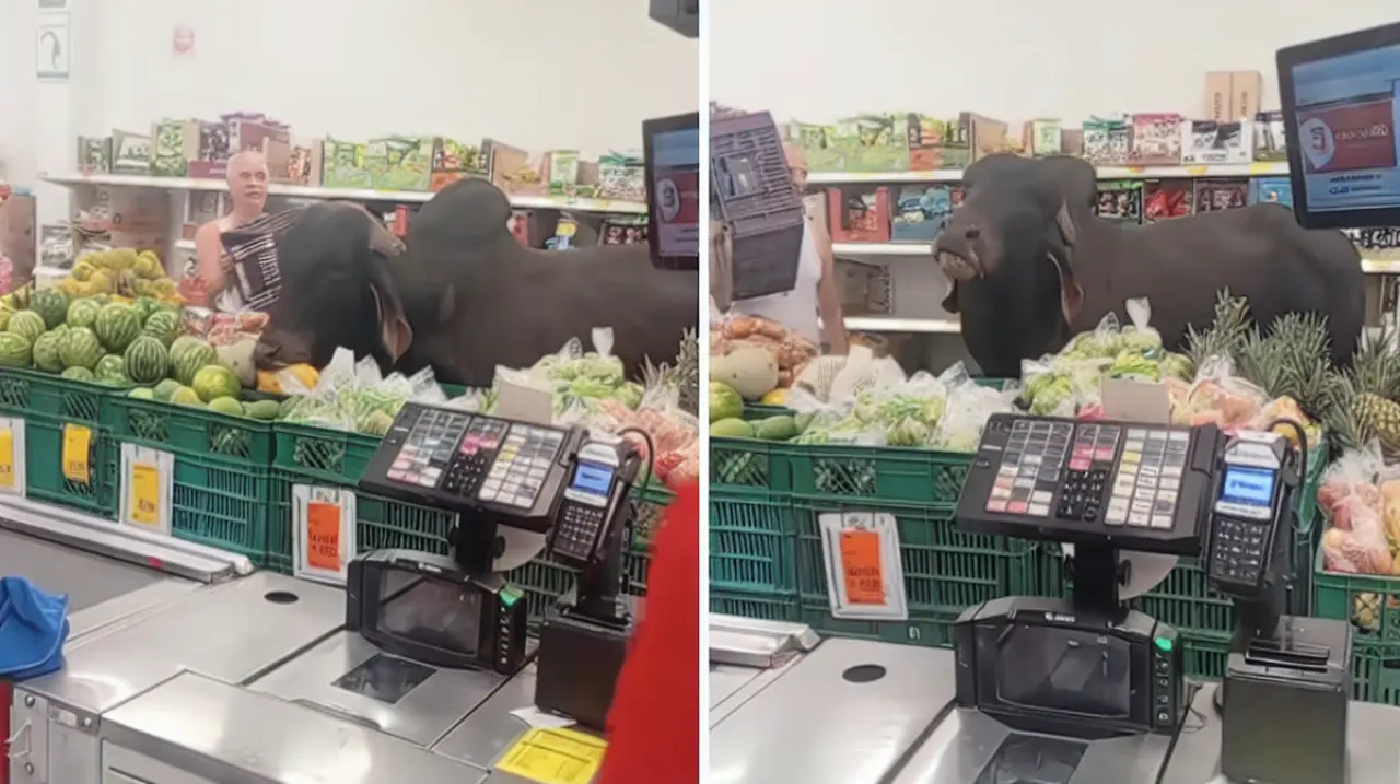 Un toro cebú entró a un D1, comió papaya y salió por su cuenta: el video se volvió viral
