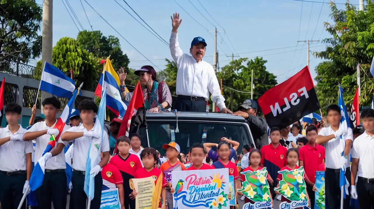 Nicaragua incorpora símbolos partidarios y homenajes a Ortega y Murillo en los desfiles escolares de septiembre