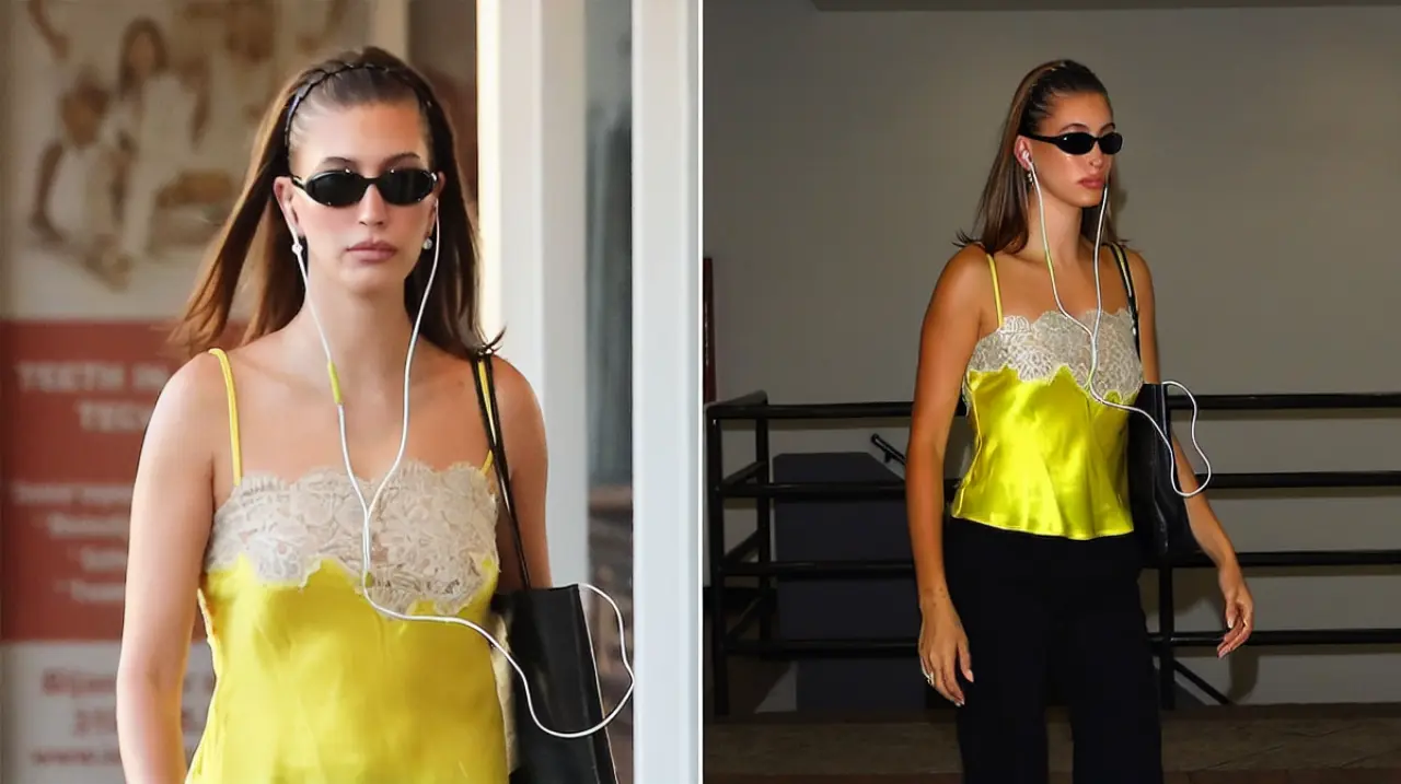 Hailey Bieber recupera la estética Y2K con un top lencero amarillo ácido