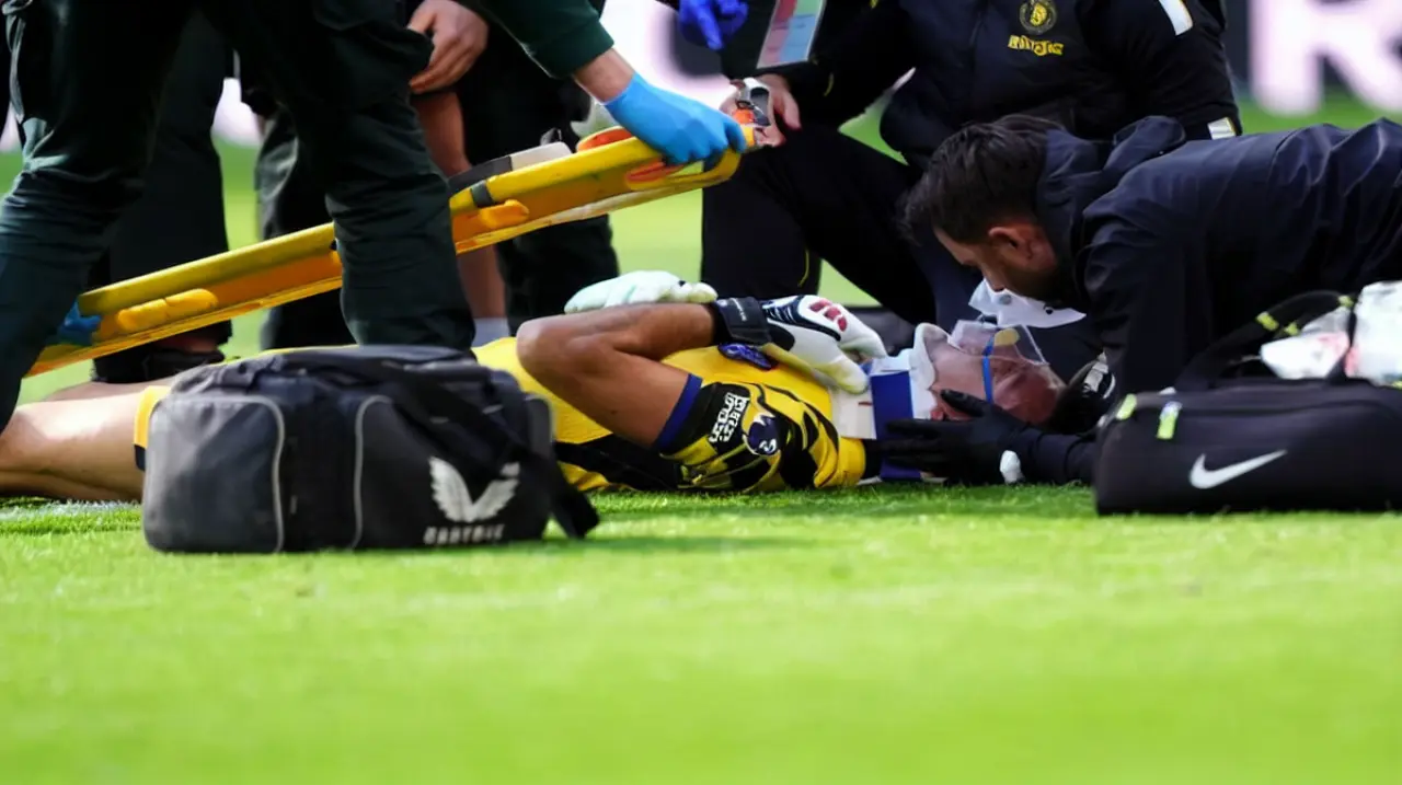 Dibu Martínez fue retirado en camilla tras chocar con un rival ante Everton